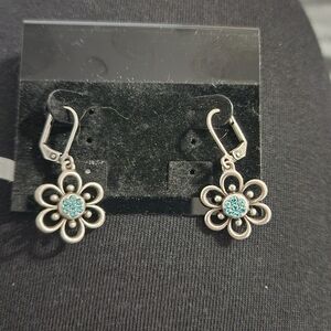 Touchstone Crystal Silver-Tone Flower Drop Earrings with Aqua Crystals